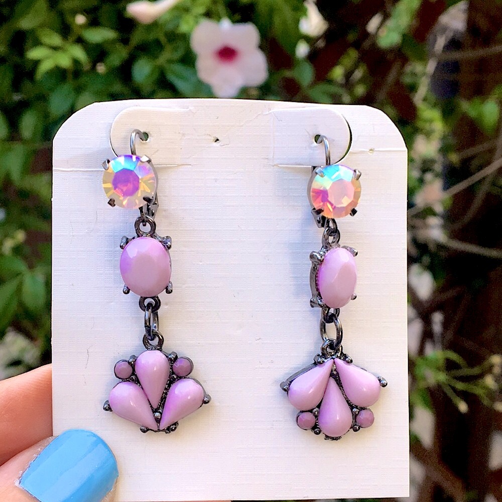 Lavender + Pink Opal Aurora Borealis Crystal Drop Statement Earrings - Picture 4 of 17